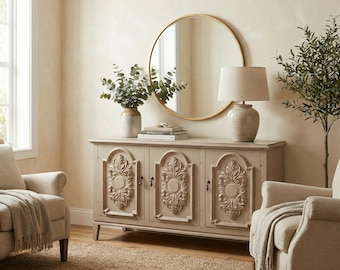 Hand Carved Wood Sideboard Buffet: Distressed Taupe Gray Farmhouse Credenza