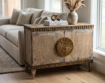 Rustic Solid Wood Buffet, Sunburst Medallion Design, Rustic Storage Cabinet