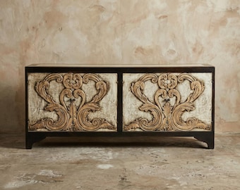 Hand Carved Wood Sideboard, Rustic Buffet Cabinet, 84 Inch Solid Wood Credenza, Dining Room Storage Cabinet, Hand finished