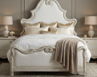 Upholstered King Size Bed: Solid Wood French Country Farmhouse Style