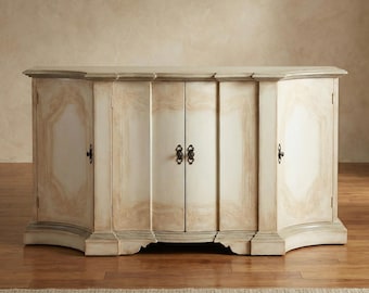 French Country White Sideboard: Hand-Painted Distressed Wood Buffet, Vintage cabinet