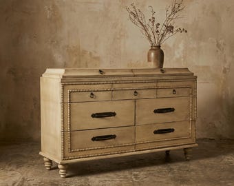 9-Drawer Wide Dresser, Rustic Distressed Cream Wood, Farmhouse French Country Style, Handcrafted Wood chest of drawers