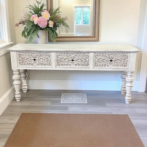 Handmade Solid Wood Console Table with Drawers – Vintage Distressed Hallway Entryway Table, Rustic Farmhouse narrow console,behind the couch