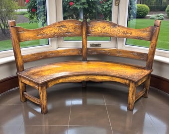 Handcrafted Curved Wood Bench: Distressed French Farmhouse Seating