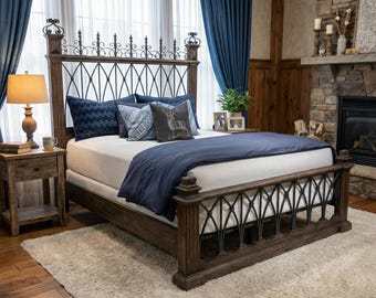 Rustic Gothic Wrought Iron Wood Bed, King Size Solid Wood Bed Frame, Medieval Industrial Bedroom Furniture