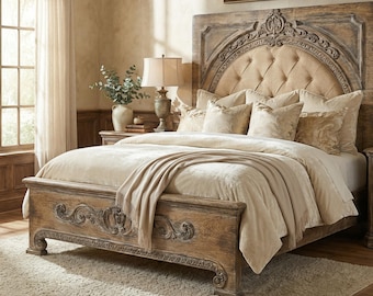 King Bed Frame, Ornate Upholstered Bed Frame, Hand Carved Wood Bed, French Country Panel Bed, Queen Bed Frame, Decorative Headboard