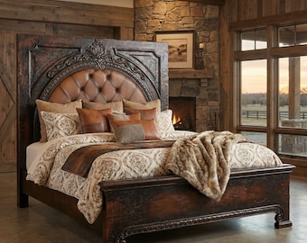King Bed Frame with Leather Headboard, Solid Wood Handcrafted Bed, Carved Rustic Luxury Bed, Western Bedroom Furniture