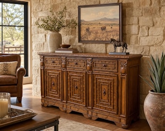 Handcrafted Wood Buffet Cabinet, 80.5" Rustic Sideboard with 3 Drawers and 3 Doors, Copper Handles, Dining Room Storage Cabinet