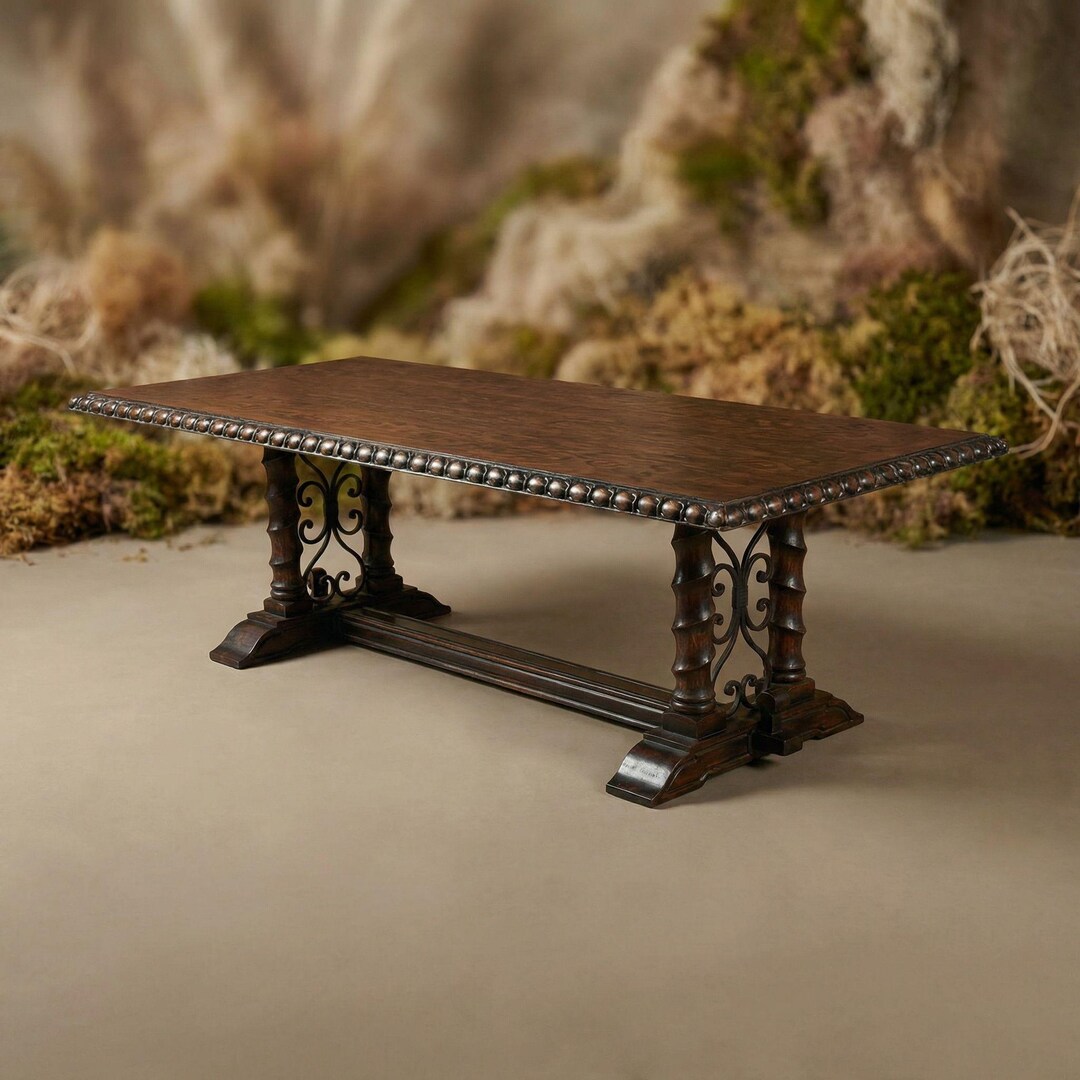 Rustic Solid Wood Dining Table, Dining Table With Wrought Iron Base ...