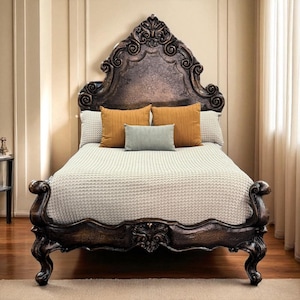 Solid Wood Queen Bed | Hand Painted Antique Finish | Ornate Carved Bed Frame | Rustic Luxury Bedroom Furniture | Custom Made Queen Bed