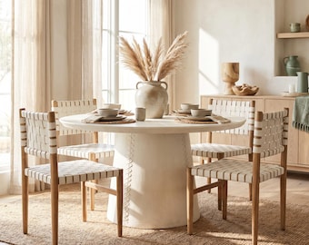 Round White Leather base Dining Table, 60" Pedestal Dining Table, Handcrafted Rustic Modern Dining Table with White Stitching