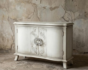 Hand-Painted Curved Sideboard Cabinet: Vintage French Style Distressed Wood Buffet (54" W)