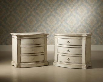 Nightstand Set of 2 |Distressed White 3-Drawer Bedside Tables | Shabby Chic Farmhouse Nightstands | Curved Solid Wood Pair | Antique Style