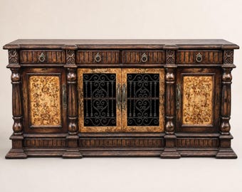 Handcrafted Wood Sideboard Cabinet, 90" Rustic Buffet with Wrought Iron Doors, Natural Caramel Finish, Large Dining Room Storage Cabinet