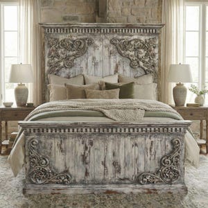 May include: A distressed white wooden bed frame with ornate carvings on the headboard and footboard. The bed is made up with neutral-toned bedding and pillows. Two matching bedside tables with lamps flank the bed, creating a rustic bedroom setting.