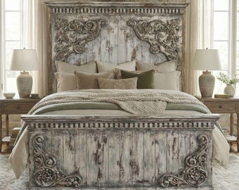 Solid Wood King Bed Frame with Decorative Headboard, Rustic King Bed, Handcrafted Bedroom Furniture, Distressed Wood Bed, Farmhouse King Bed