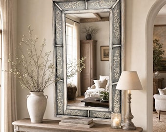 Rustic Grey Wall Mirror, 50 x 31 Hand Painted Wood Mirror, Large Entryway Mirror, Farmhouse Bedroom Accent Mirror
