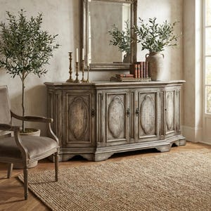 Handcrafted Extra Long Wood Sideboard, Distressed Gray French Country Buffet