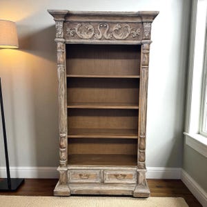 Rustic Solid Wood Bookcase – Hand-Carved Open Shelf Display,4 Shelf Decorative Bookshelf with Drawer,Vintage Farmhouse Living Room Furniture