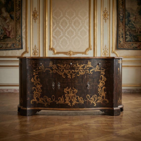 Hand-Painted French Style Buffet Cabinet: Distressed Solid Wood Sideboard