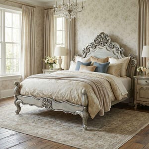 May include: A bedroom with a large, ornate bed frame in a light gray finish. The bed is made with cream-colored bedding and decorative pillows. The room features floral wallpaper, matching curtains, and a chandelier.
