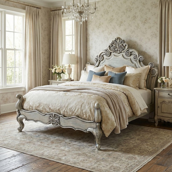 California King Bed Frame, Hand Carved Solid Wood Bed, Rustic French Country Bed Frame, Farmhouse Bedroom Furniture, Custom King Bed