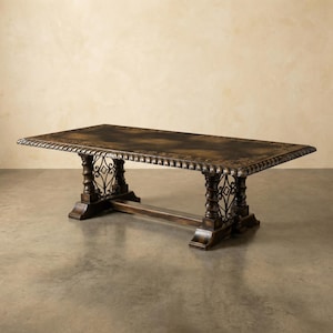 Solid Wood Dining Table, Rustic Trestle Dining Table, Wrought Iron Base Table, Large Farmhouse Table, Handmade Rectangular Table image 1