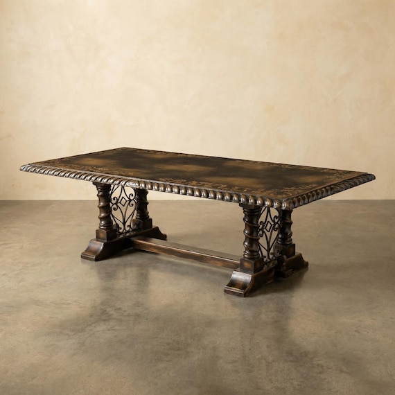 Solid Wood Dining Table, Rustic Trestle Dining Table, Wrought Iron Base Table, Large Farmhouse Table, Handmade Rectangular Table