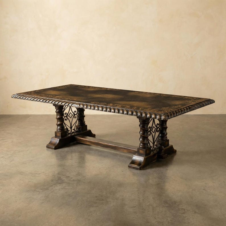 Solid Wood Dining Table, Rustic Trestle Dining Table, Wrought Iron Base Table, Large Farmhouse Table, Handmade Rectangular Table image 1