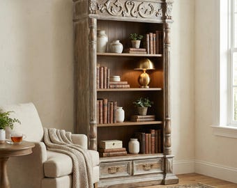 Hand-Carved Wood Bookcase: Vintage Farmhouse Open Shelf Display