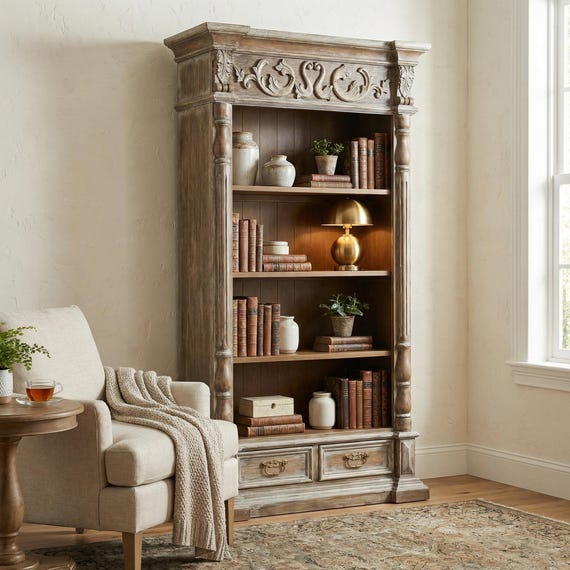 Hand-Carved Wood Bookcase: Vintage Farmhouse Open Shelf Display