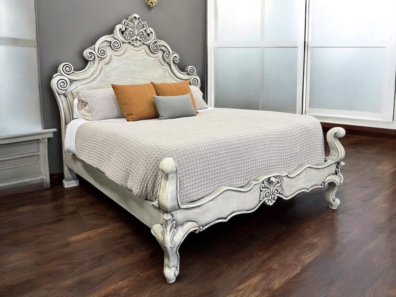 California King Bed Frame, Hand Carved Solid Wood Bed, Rustic French Country Bed Frame, Farmhouse Bedroom Furniture, Custom King Bed image 2