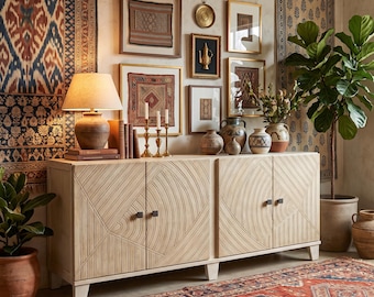Modern Storage Cabinet, Handmade Solid Wood Buffet, Cream Leather Doors, Geometric Carved Credenza