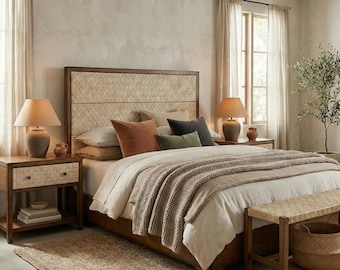 King Bed Frame, Woven Leather Headboard, Solid Wood Platform Bed, Modern Rustic Furniture