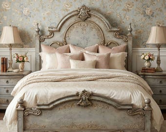 Hand-Painted French Country King Bed,Heirloom Solid Wood Bedframe, Peruvian Master Artisan Hand-Carved Statement Bed
