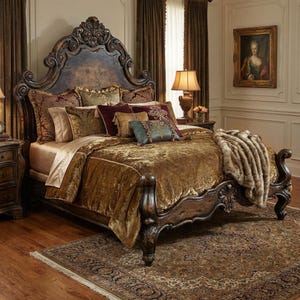 K&ouml;nnte beinhalten: Ein luxuri&ouml;ses, verziertes Bett mit einem dunklen Holzrahmen und Kopfteil. Das Bett ist mit einer goldenen Samtdecke und mehreren dekorativen Kissen bedeckt. Ein Kunstfell-&Uuml;berwurf ist am Fu&szlig;ende des Bettes drapiert. Ein Teppich liegt auf dem Boden.