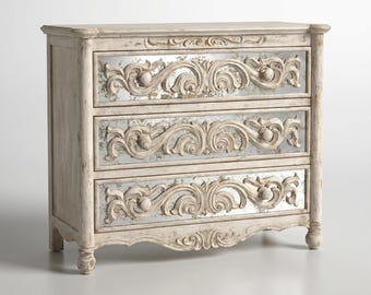 Rustic Dresser with Aged Glass Drawers, Carved Wood Dresser, 3 Drawer Bedroom Storage, French Country Chest, Handmade Wood Furniture