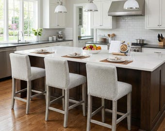 Rustic Gray Upholstered Counter Stools - Farmhouse Nailhead Trim (Set of 3)