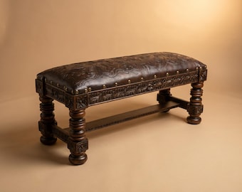 Rustic Wood 48 inch Entryway Bench, Bedroom Bench with Leather Seat, Western Bench, Hand Carved Wood Bench with Hand tooled leather seat,