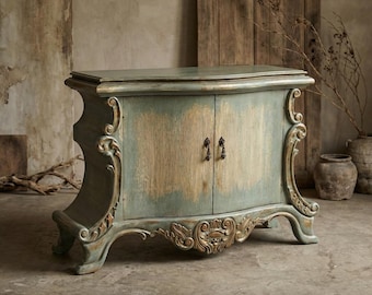 Hand Painted Rustic Cabinet, Solid Wood Sideboard Buffet, Distressed Blue Credenza, Farmhouse Accent Chest, Dining Room Storage