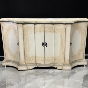French Country Sideboard – Hand-Painted Solid Wood Buffet, Antique White Distressed Credenza, Vintage Farmhouse Storage Cabinet