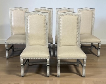 French Country Tall Back Dining Chairs, Set of 6 Rustic Plata Upholstered Chairs, Solid Wood Farmhouse Seating, Linen Nailhead Trim Chairs