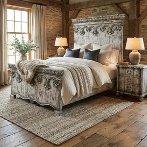 Solid Wood Queen Bed Frame with Decorative Headboard, Handcrafted Bedroom Furniture, Distressed Wood Bed, Farmhouse King Bed