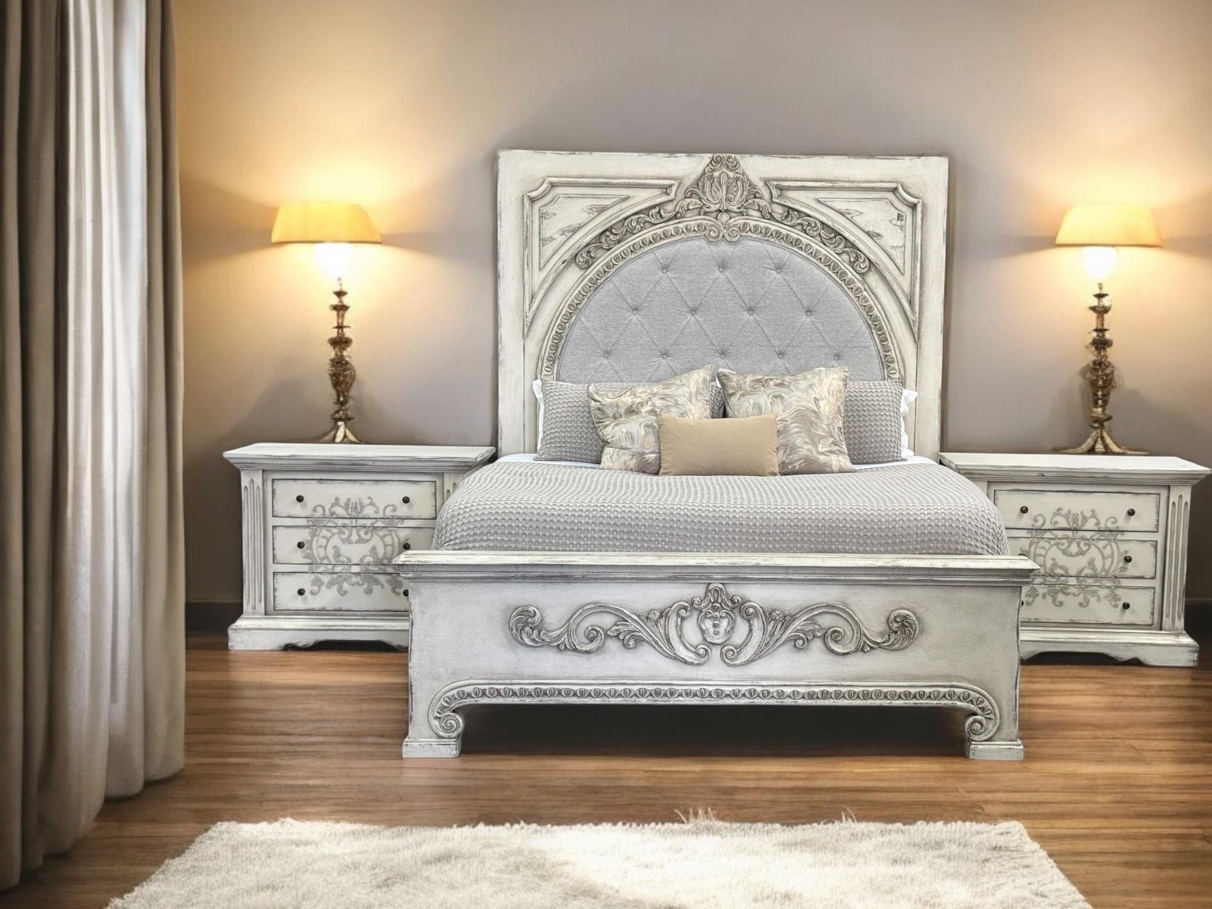 Shabby Chic French Country King Bed, Solid Wood Bed Frame, Hand Carved ...