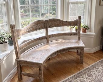 Farmhouse Rustic Wood Curved Bench,Handcrafted Carved Wood Bench,French Country Entryway Bench,Bay Window Seating, Dining Nook Indoor Bench