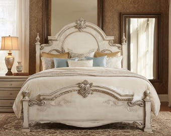 Solid Wood King Bed Frame with Carved Headboard | Handmade Rustic Luxury Bed | French Country Style Bedroom Furniture