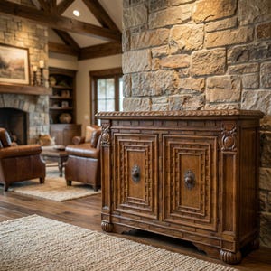 May include: A dark wood cabinet with two doors and ornate carvings. The cabinet has a decorative top and metal hardware. It is placed against a stone wall in a living room setting. The cabinet is a rich brown color.