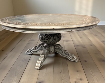 72” Round Wood Dining Table, Hand Crafted and Hand Painted, Solid Wood Pedestal Dining Table, French Country Farmhouse Table for up to 6–8