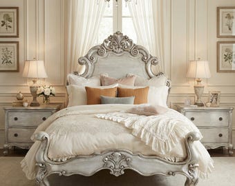 Solid Wood Queen Bed Frame, Carved French Country Bed, Distressed White Grey Bed, Rustic Farmhouse Bedroom Furniture, Handmade Bed