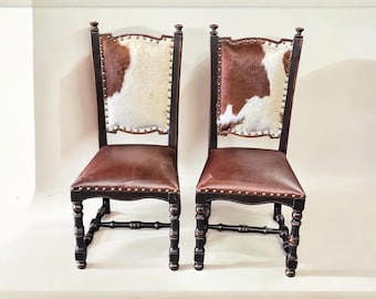Set of 2 Rustic Cowhide Dining Chairs: Leather Seat, Nailhead Trim, high grain leather, western kitchen chair
